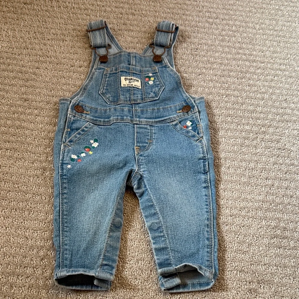 OshKosh B'gosh Blue Denim Overalls with Floral Embroidery